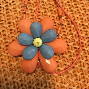 NWOT Coral or peach and blue beaded necklace with flower pendant
